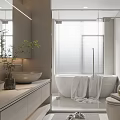 Modern Bathroom Interior With Glass Shower Bathtub Vanity Large Mirror Toilet And Decorative Plant