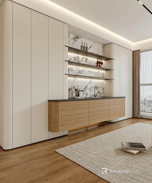 Modern Wooden Sideboard With Black Countertop And Marble Wall Shelves Holding Wine Bottles 3d model 