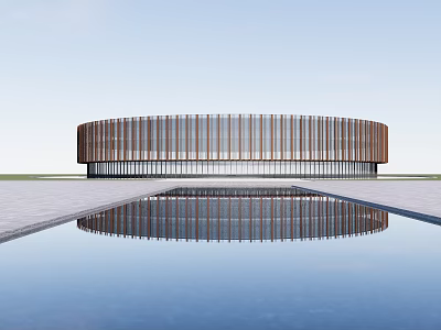 Modern Circular Museum Building Featuring Wooden Striped Facade And Reflecting Pool With Clear Water Reflection 3d model