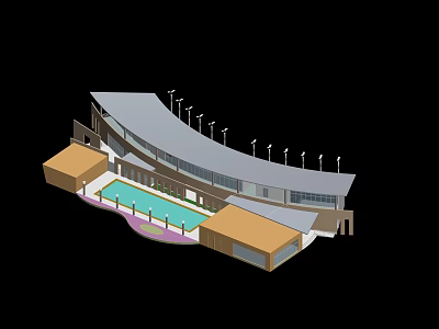 Cartoon Scene of Modern Building with Curved Roof Light Poles and Swimming Pool 3d model