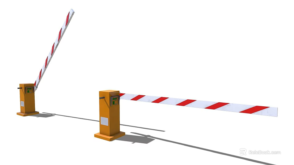 Automatic Parking Barrier System With Yellow Control Box And Red White Striped Gate 3d model 