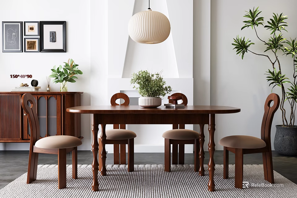 Wooden Dining Table Set with four upholstered chairs potted plant pendant light and wall art 3d model 
