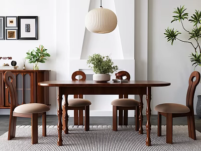 Wooden Dining Table Set with four upholstered chairs potted plant pendant light and wall art 3d model