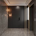 Modern Entryway Design With Black Door Marble Walls Wall Lamps And Golden Lines