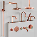 Golden Bathroom Faucet Set With Multiple Shower Heads And Accessories On Gray Countertop