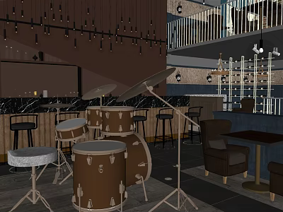 Stylish Bar Interior With Drum Set Stage Bar Counter And Hanging Chandeliers 3d model
