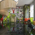 Elegant Modern Restaurant Interior With Open Layout Pendant Lights Sofa Seating And Bookshelf Decor