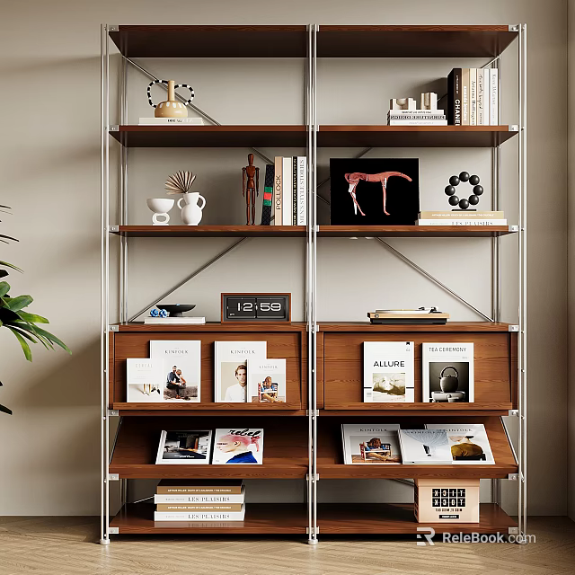 Modern Wooden Multi Tiered Bookcase With Books Magazines And Decorative Items 3d model 