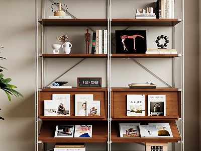 Modern Wooden Multi Tiered Bookcase With Books Magazines And Decorative Items 3d model