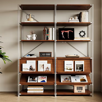 Modern Wooden Multi Tiered Bookcase With Books Magazines And Decorative Items 3d model