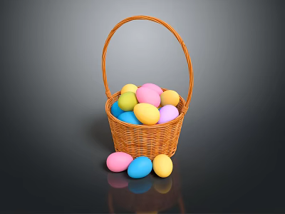 Decorative Ornament Set Featuring Wicker Basket Filled With Colorful Easter Eggs 3d model