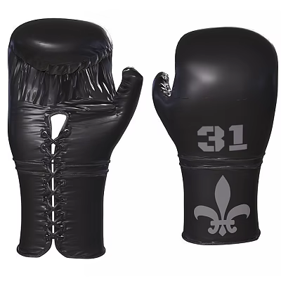 Sports Equipment Black Leather Boxing Gloves With Stitching Fleur de lis Pattern And Number 31 3d model