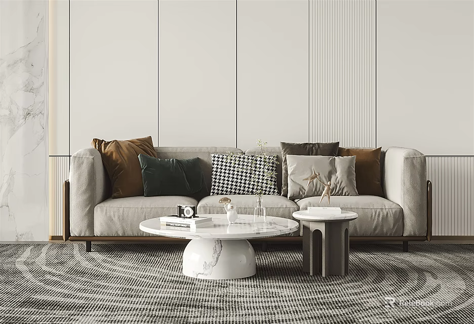 Modern Three Seater Sofa With Colorful Cushions Coffee Table And Patterned Rug 3d model