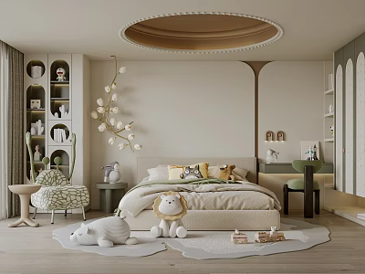 Cozy Kids Room Interior With Bed Stuffed Toys Bookshelf And Green Armchair 3d model
