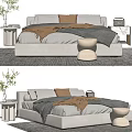 Modern Double Bed Bedroom Interior With Gray Brown Blankets Pillows Bedside Table And Rug