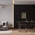 Modern Living Dining Room Interior With Black Cabinets Round Mirror And Wooden Floor
