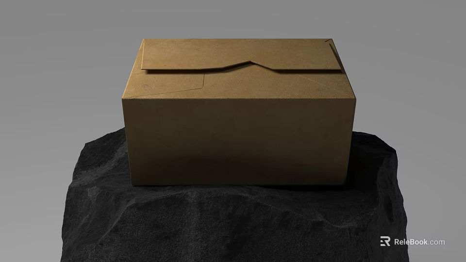 Brown Cardboard Box With Folded Top Lid Placed On Black Stone Surface 3d model 