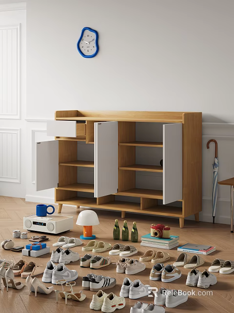 Modern Wooden Shoe Cabinet With White Doors And Multiple Shelves In Living Room 3d model 