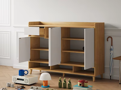 Modern Wooden Shoe Cabinet With White Doors And Multiple Shelves In Living Room 3d model