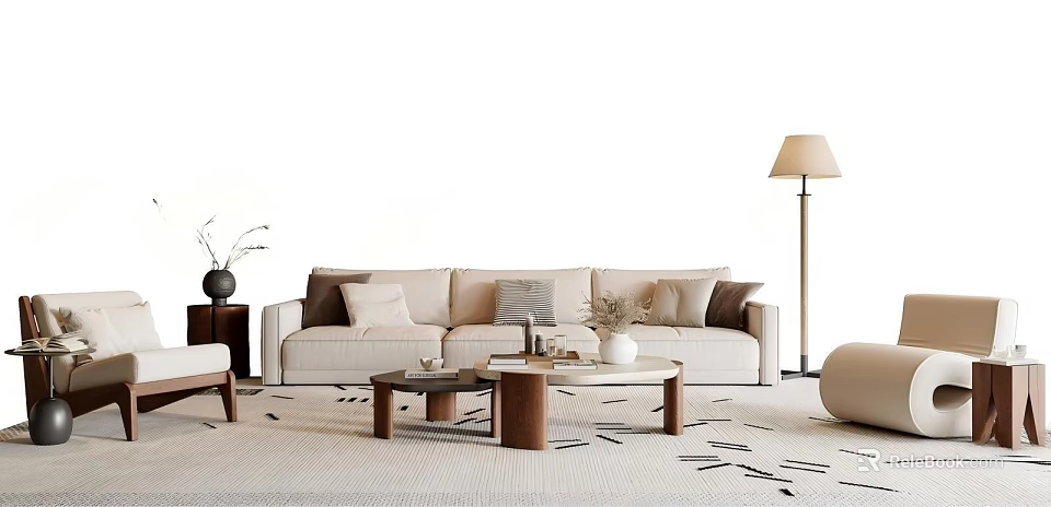 Beige Sofa Set with Multiple Cushions Coffee Tables Floor Lamp and Rug 3d model 