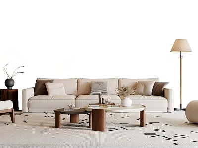Beige Sofa Set with Multiple Cushions Coffee Tables Floor Lamp and Rug 3d model