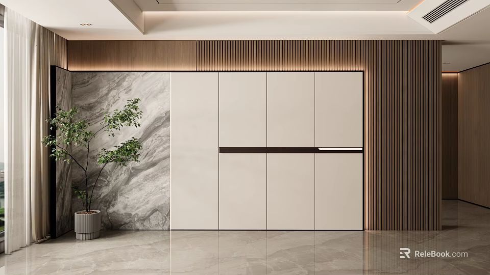 Modern Minimalist Sofa Background Wall With Wooden Panels And Marble Texture 3d model 