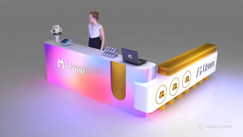 Modern Ulema Reception Desk Featuring Gradient Color Laptop White Flowers And Staff 3d model 