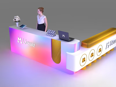 Modern Ulema Reception Desk Featuring Gradient Color Laptop White Flowers And Staff 3d model