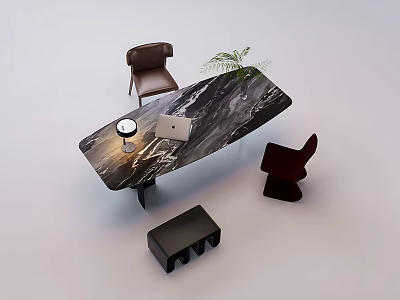 Modern Office Desk With Marble Veined Surface Brown Red Chairs Laptop Lamp Potted Plant 3d model