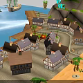 3D Rendered Coastal Scene Featuring Small Houses Wooden Dock Sailing Ship And Island