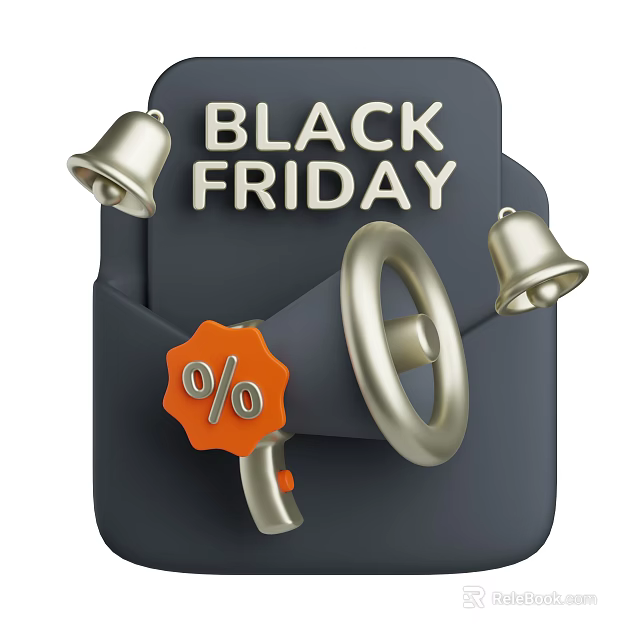 Black Friday Themed Decorative Ornament Set with Bells Megaphone and Percentage Sign for Home Decor 3d model 