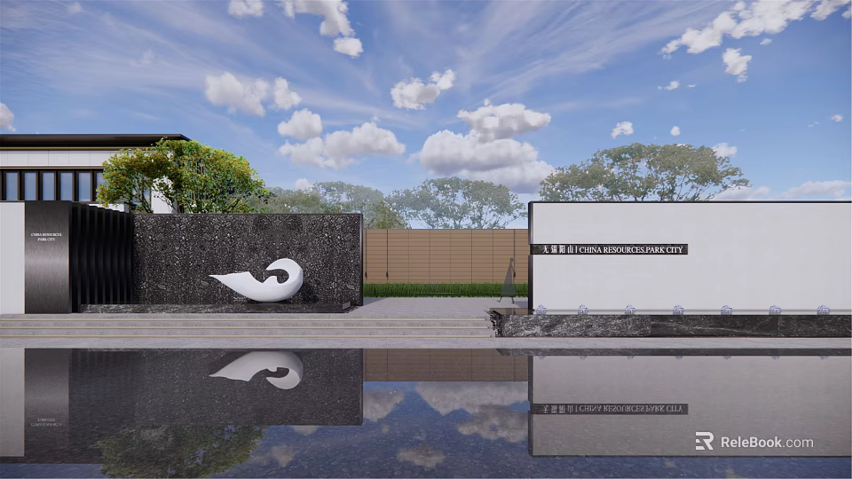 Modern Garden Landscape With White Sculpture Water Pool Reflection And Trees 3d model 