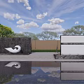 Modern Garden Landscape With White Sculpture Water Pool Reflection And Trees