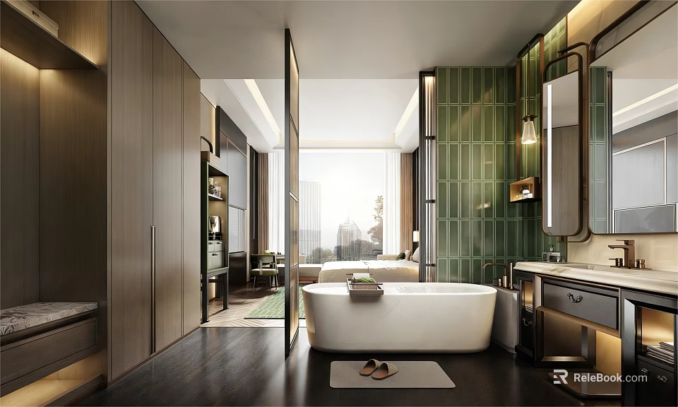 Modern Luxury Open Bathroom With Freestanding Bathtub And Elegant Green Glass Tile Wall Decoration 3d model 