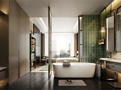 Modern Luxury Open Bathroom With Freestanding Bathtub And Elegant Green Glass Tile Wall Decoration 3d model