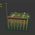 Cartoon Scenario Of Offshore Platform With Wooden Structure Blue Water Base And Deck Equipment