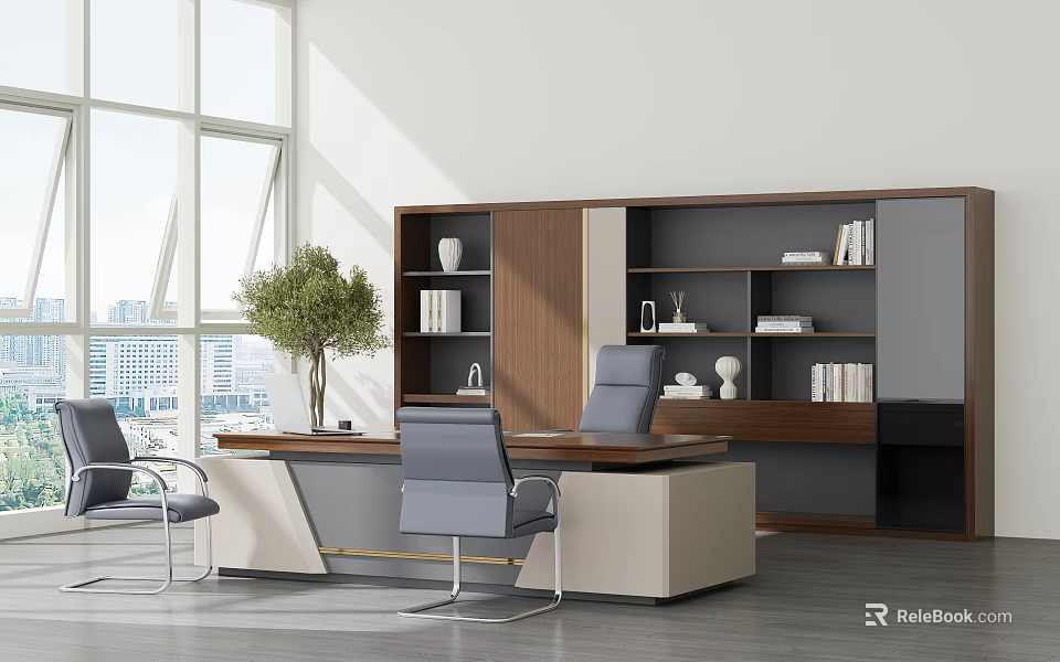 Modern Office Desk With Bookshelf Green Plant Office Chair And City View Decorations 3d model 