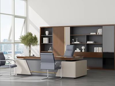 Modern Office Desk With Bookshelf Green Plant Office Chair And City View Decorations 3d model