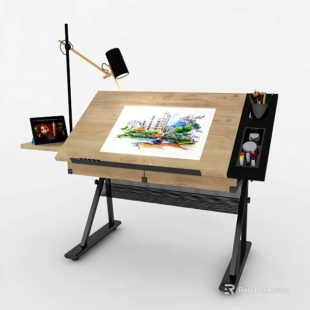 Modern Art Drawing Workstation With Adjustable Lamp Colorful Illustration And Tools 3d model 