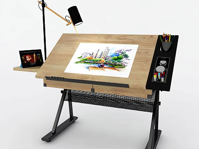Modern Art Drawing Workstation With Adjustable Lamp Colorful Illustration And Tools 3d model