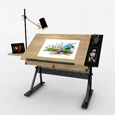 Modern Art Drawing Workstation With Adjustable Lamp Colorful Illustration And Tools 3d model