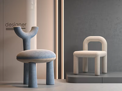 Modern Designer Kids Chairs Blue And Beige Padded Seat Curved Backrest Rounded Legs 3d model