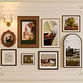 Gallery Wall with Various Framed Artworks and Decorative Wall Sconce 3d model