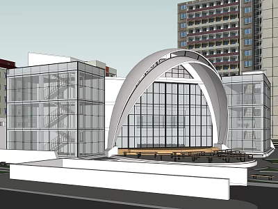 Modern Architectural Building With Glass Curtain Walls Arched Structure And Platform Near High Rise Buildings 3d model