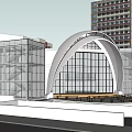 Modern Architectural Building With Glass Curtain Walls Arched Structure And Platform Near High Rise Buildings