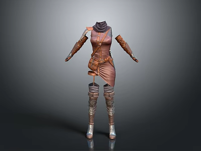 Brown Leather High Neck Belted Outfit With Long Gloves And Silver Boots 3d model