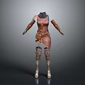 Brown Leather High Neck Belted Outfit With Long Gloves And Silver Boots