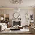 Elegant Living Room Interior With Fireplace Chandelier Sofa Coffee Table Rug And Tall Plants