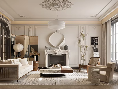 Elegant Living Room Interior With Fireplace Chandelier Sofa Coffee Table Rug And Tall Plants 3d model