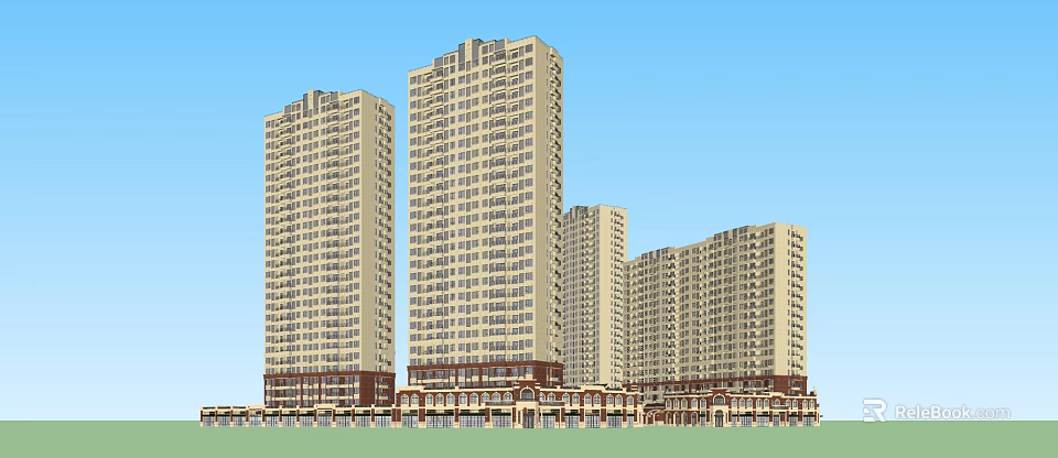 Modern High Rise Residential Apartment Complex With Commercial Ground Floor And Blue Sky 3d model 